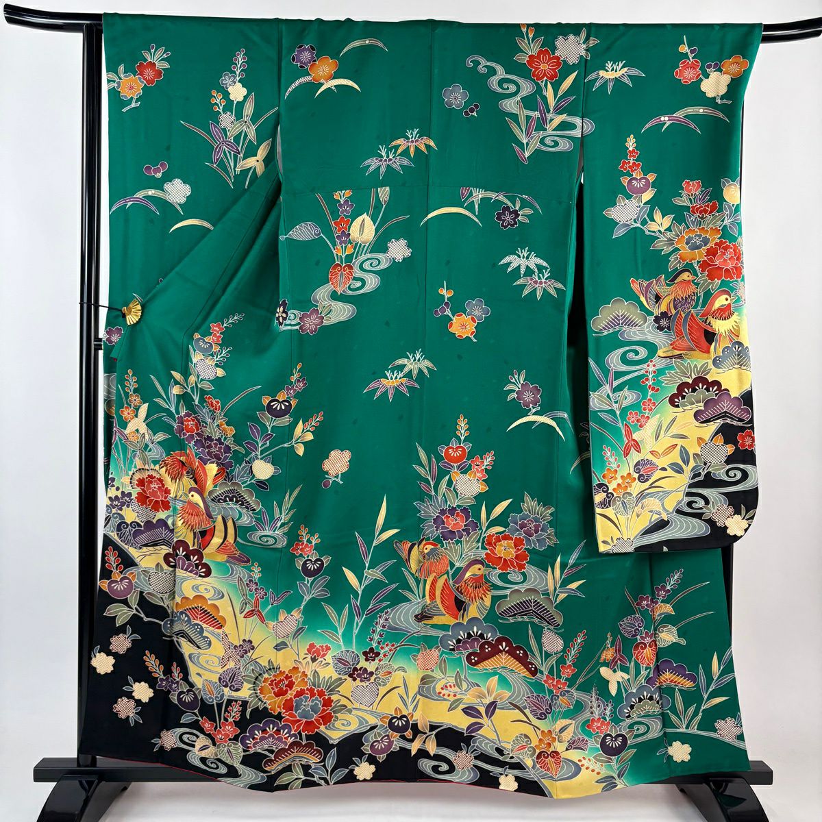 振袖禮服 身長158cm 袖長67.5cm L 雙層 鴛鴦 草花紋紋 金銀彩 綠 純蠶絲 名品級