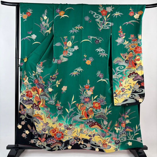 振袖禮服 身長158cm 袖長67.5cm L 雙層 鴛鴦 草花紋紋 金銀彩 綠 純蠶絲 名品級