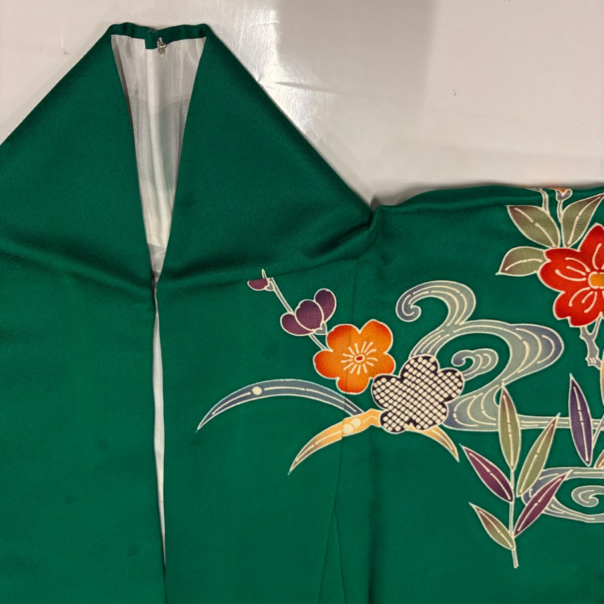 振袖禮服 身長158cm 袖長67.5cm L 雙層 鴛鴦 草花紋紋 金銀彩 綠 純蠶絲 名品級