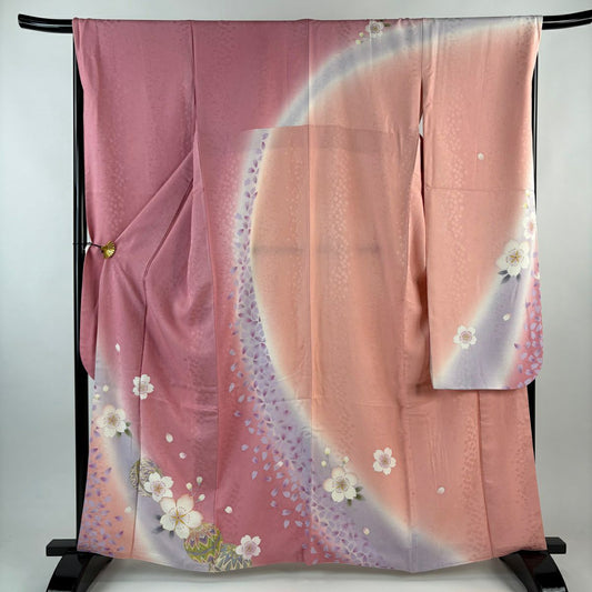 振袖禮服 身長162.5cm 袖長68cm L 雙層 櫻花 手毬 金絲 金銀彩 粉紅 純蠶絲 名品級