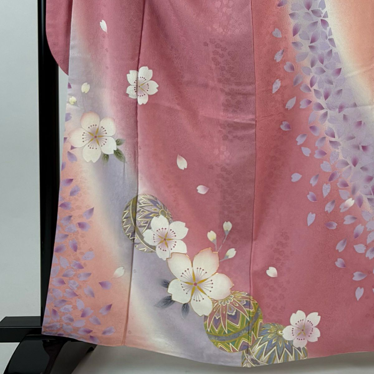 振袖禮服 身長162.5cm 袖長68cm L 雙層 櫻花 手毬 金絲 金銀彩 粉紅 純蠶絲 名品級