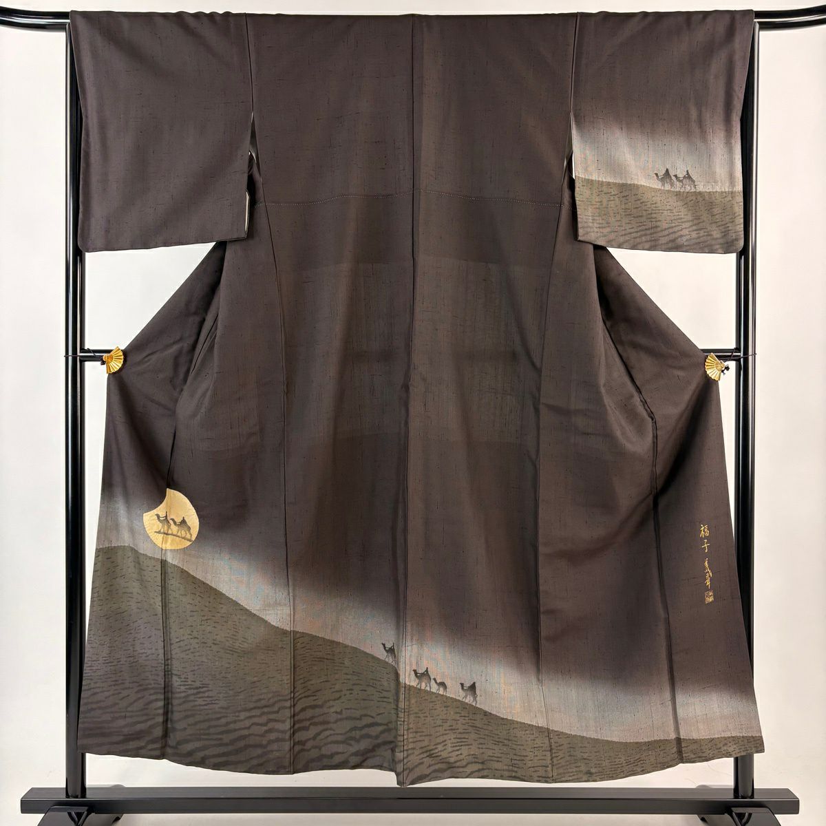 【美品】 付下 身長152cm 袖長66cm M 雙層 紬織織 落款あり 駱駝 月 ぼかし 焦茶 純蠶絲 名品級