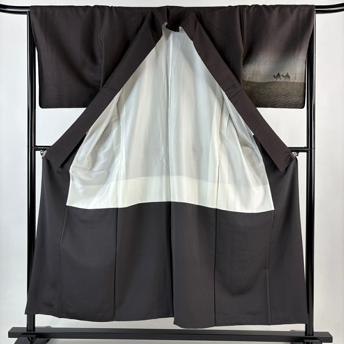 【美品】 付下 身長152cm 袖長66cm M 雙層 紬織織 落款あり 駱駝 月 ぼかし 焦茶 純蠶絲 名品級