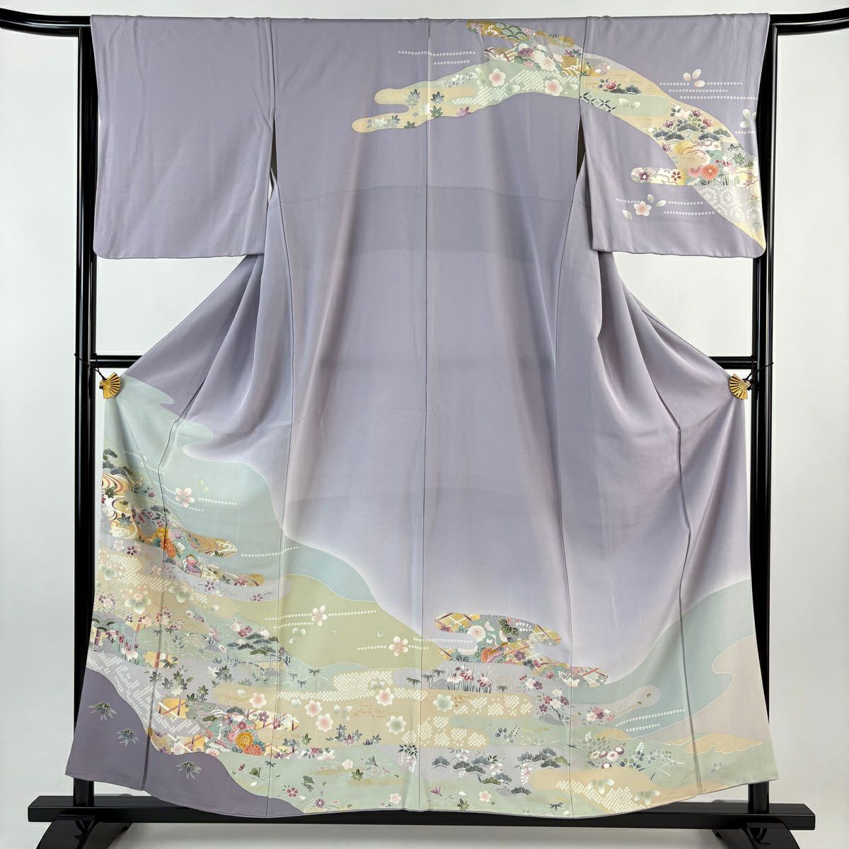 訪問服 身長158cm 袖長65cm M 雙層 草花紋紋 鴛鴦 金絲 金銀彩 淡紫 純蠶絲 名品級