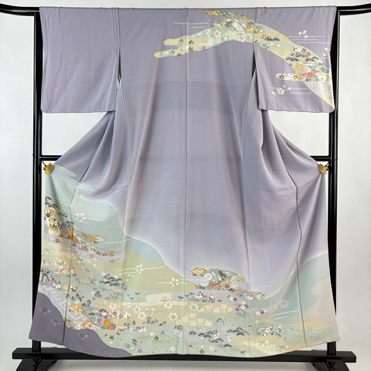 訪問服 身長158cm 袖長65cm M 雙層 草花紋紋 鴛鴦 金絲 金銀彩 淡紫 純蠶絲 名品級