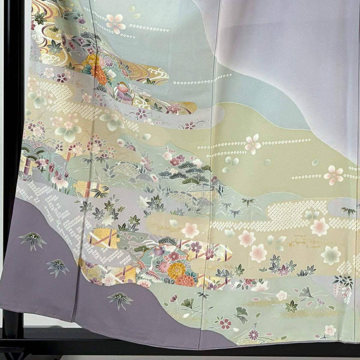訪問服 身長158cm 袖長65cm M 雙層 草花紋紋 鴛鴦 金絲 金銀彩 淡紫 純蠶絲 名品級