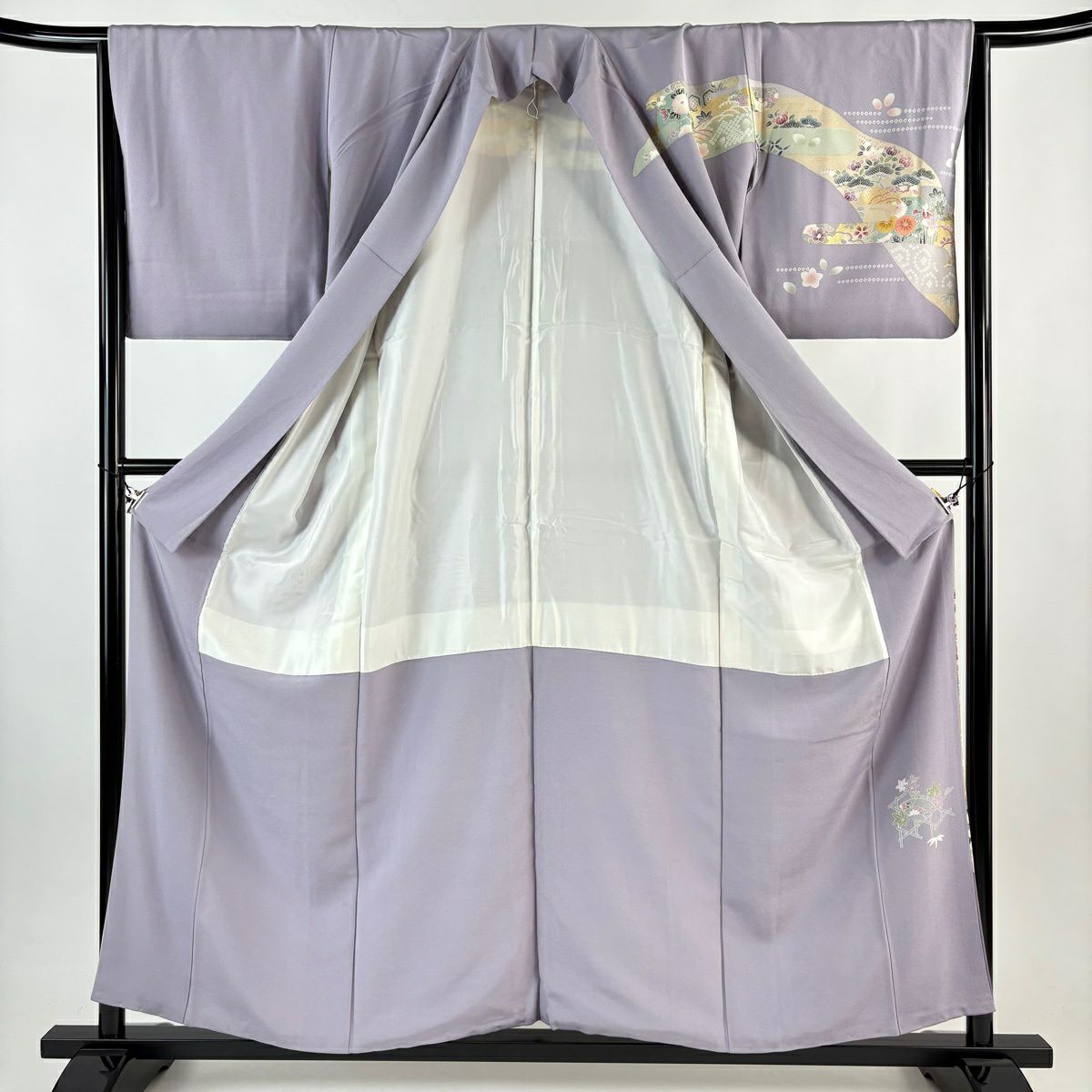 訪問服 身長158cm 袖長65cm M 雙層 草花紋紋 鴛鴦 金絲 金銀彩 淡紫 純蠶絲 名品級