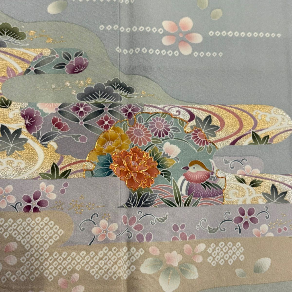 訪問服 身長158cm 袖長65cm M 雙層 草花紋紋 鴛鴦 金絲 金銀彩 淡紫 純蠶絲 名品級