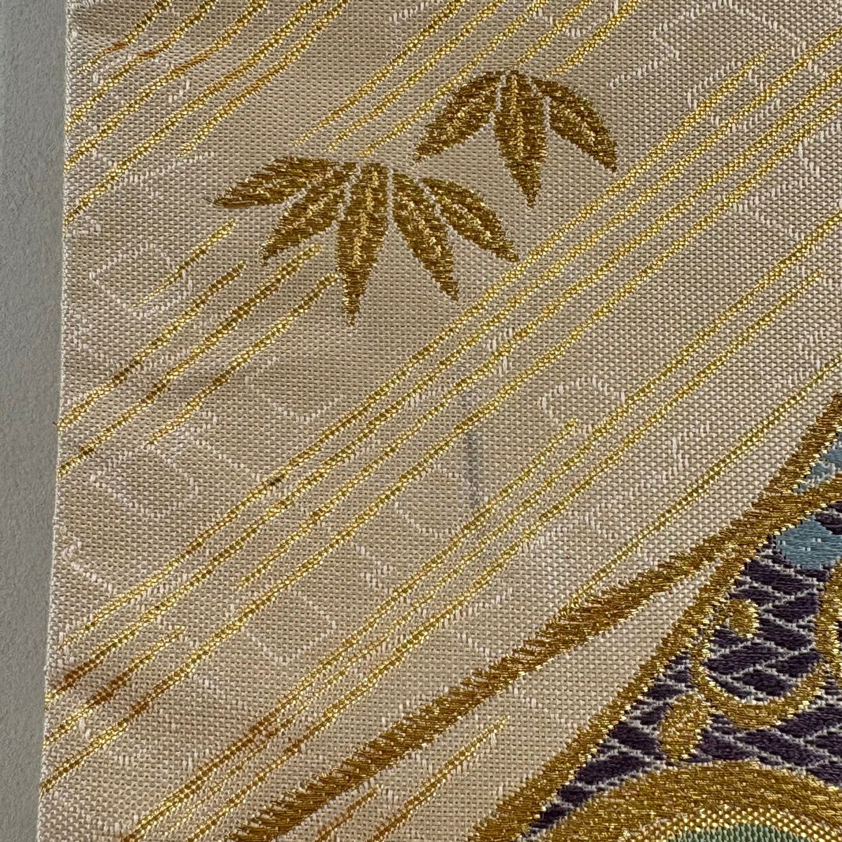 袋帶 名品級 千二百細密織 華紋 向鳥 金絲 金金箔 米色 六通 純蠶絲