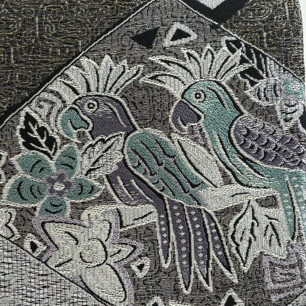 【美品】 袋帶 名品級 鳥 動物 金銀絲 銀色 六通 純蠶絲