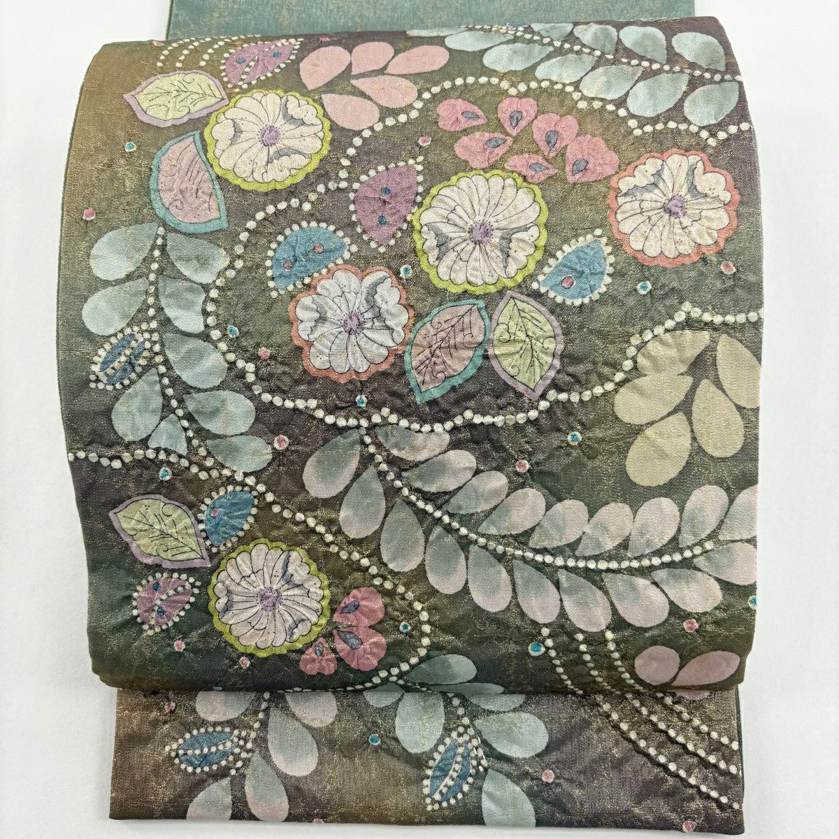 【美品】 袋帶 名品級 落款 草花紋 葉柄 金金箔 金絲 茶綠 お太鼓柄 純蠶絲