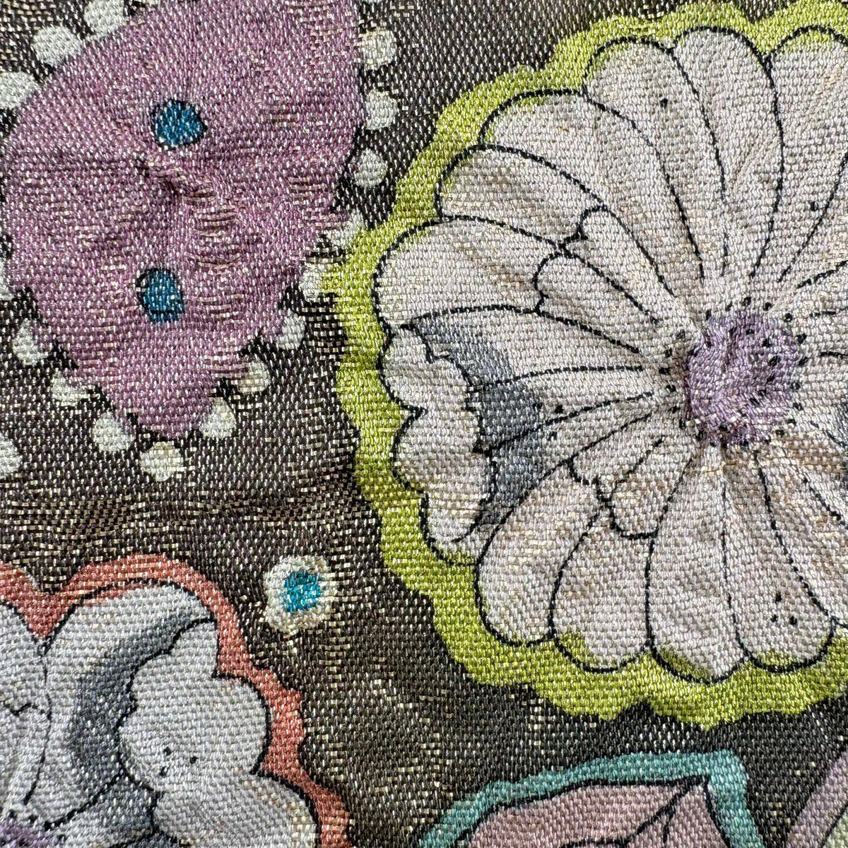 【美品】 袋帶 名品級 落款 草花紋 葉柄 金金箔 金絲 茶綠 お太鼓柄 純蠶絲