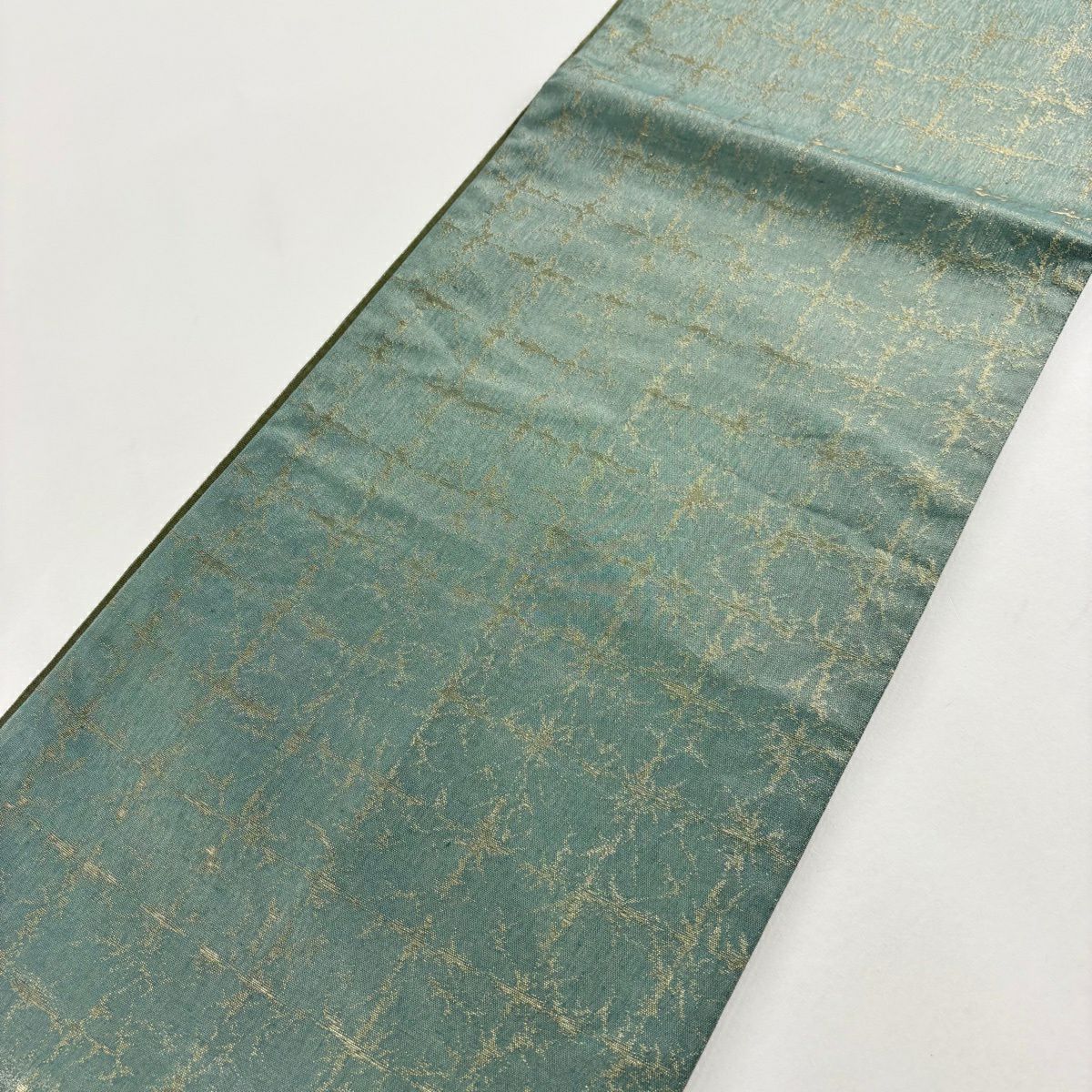 【美品】 袋帶 名品級 落款 草花紋 葉柄 金金箔 金絲 茶綠 お太鼓柄 純蠶絲