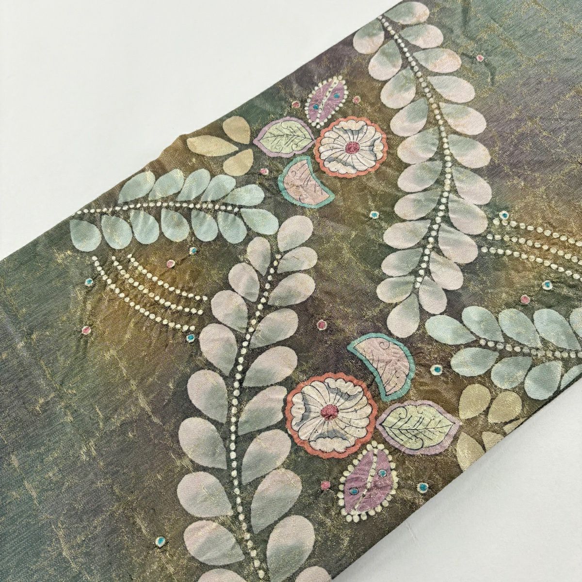 【美品】 袋帶 名品級 落款 草花紋 葉柄 金金箔 金絲 茶綠 お太鼓柄 純蠶絲