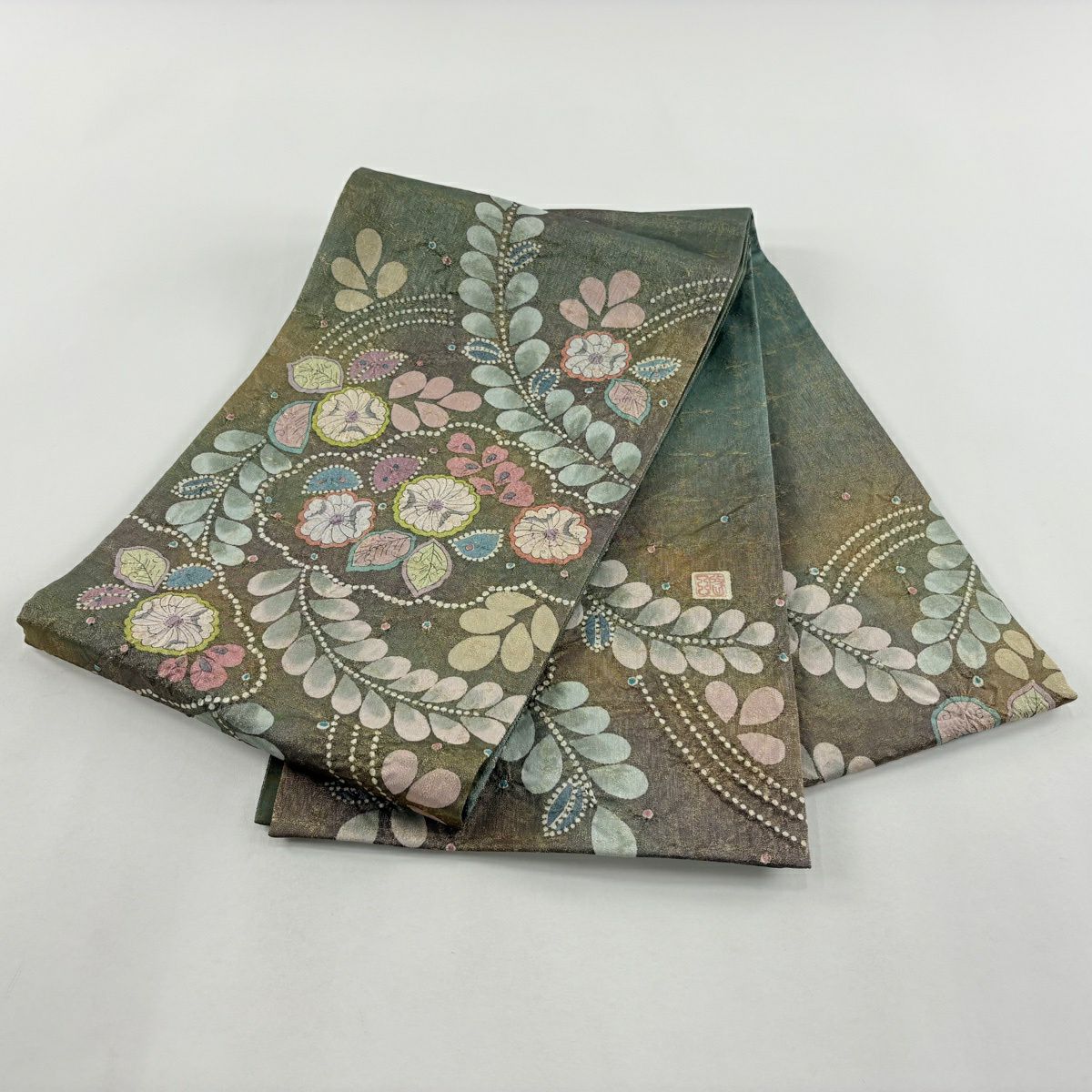 【美品】 袋帶 名品級 落款 草花紋 葉柄 金金箔 金絲 茶綠 お太鼓柄 純蠶絲