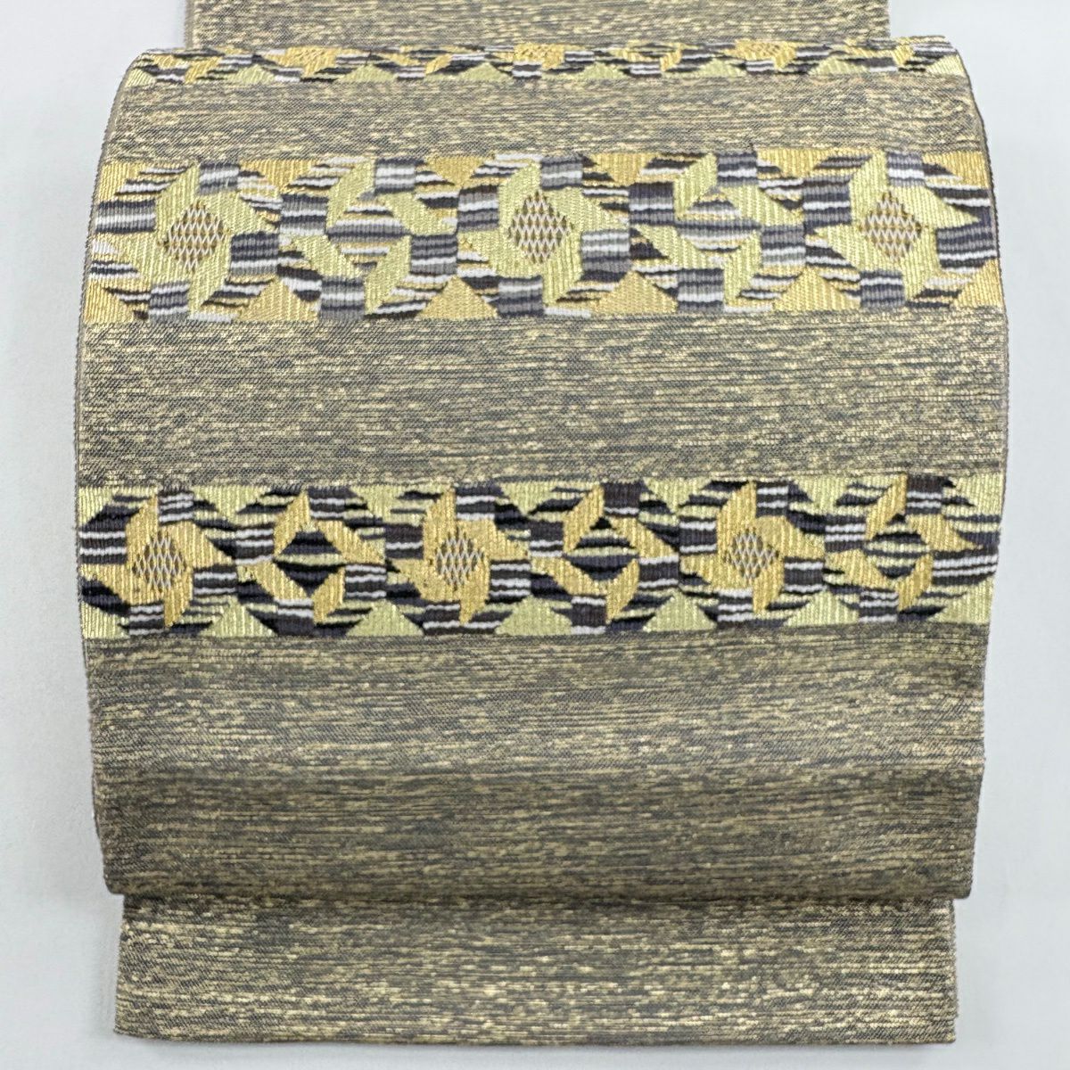 【美品】 袋帶 名品級 幾何圖案 金絲 金茶 大鼓圖案 純蠶絲