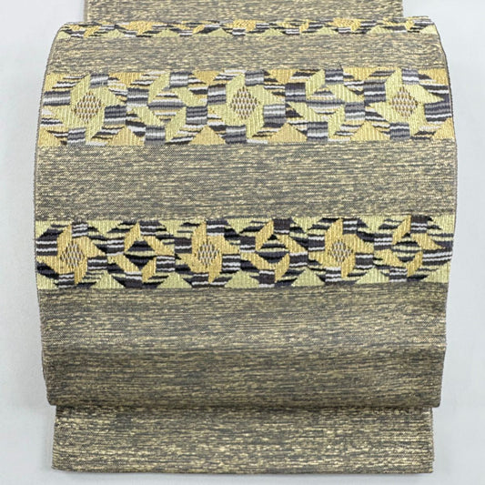 【美品】 袋帶 名品級 幾何圖案 金絲 金茶 大鼓圖案 純蠶絲