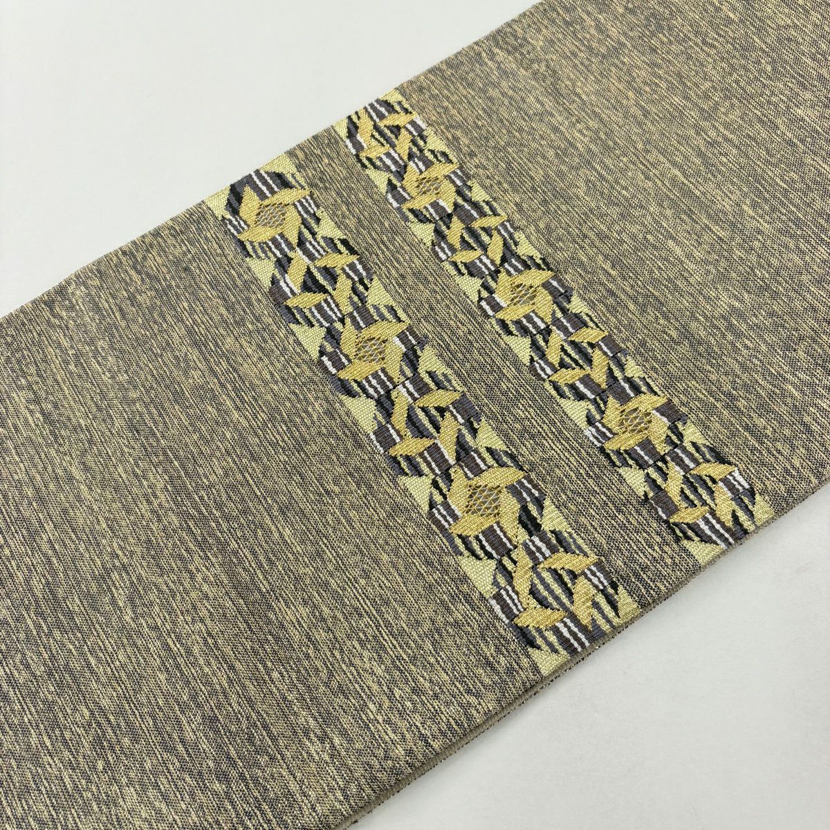 【美品】 袋帶 名品級 幾何圖案 金絲 金茶 大鼓圖案 純蠶絲