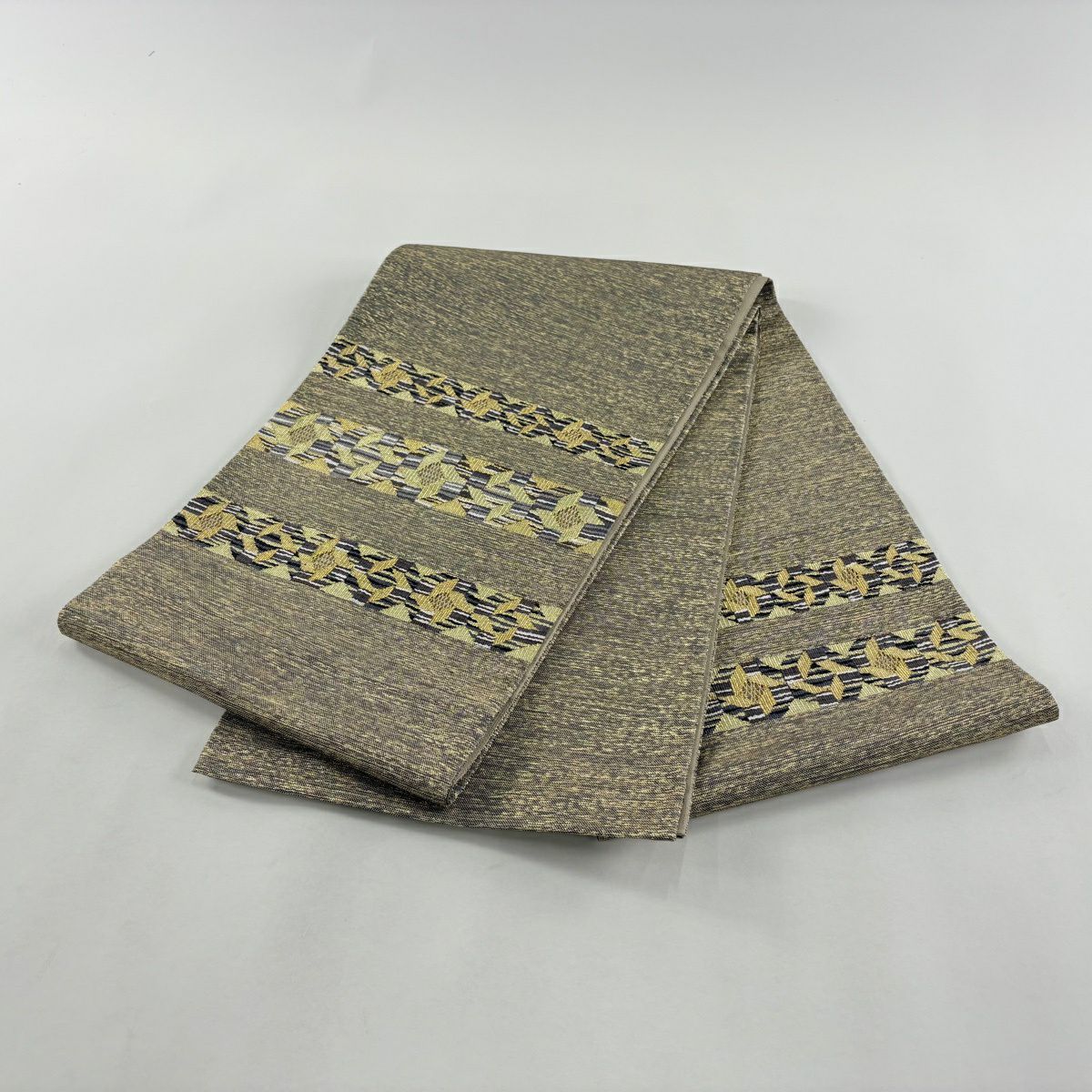 【美品】 袋帶 名品級 幾何圖案 金絲 金茶 大鼓圖案 純蠶絲