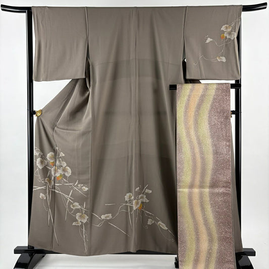 【美品】訪問服 身長158cm 袖長65cm M 雙層 落款あり 葉と実刺繡 灰茶 純蠶絲 秀品級