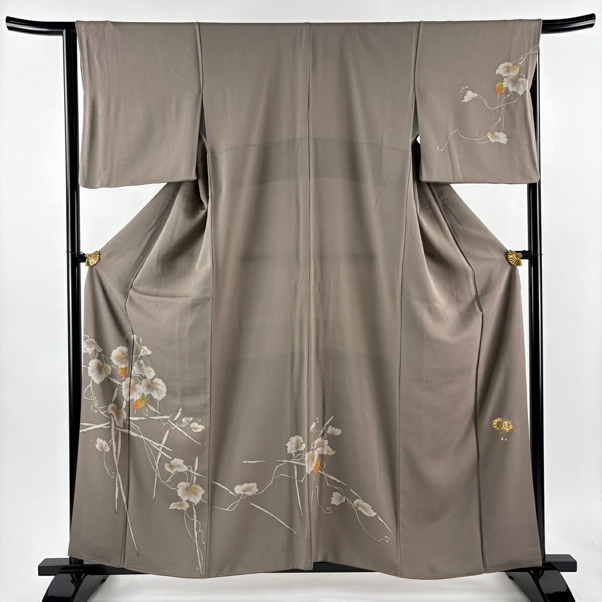 【美品】訪問服 身長158cm 袖長65cm M 雙層 落款あり 葉と実刺繡 灰茶 純蠶絲 秀品級