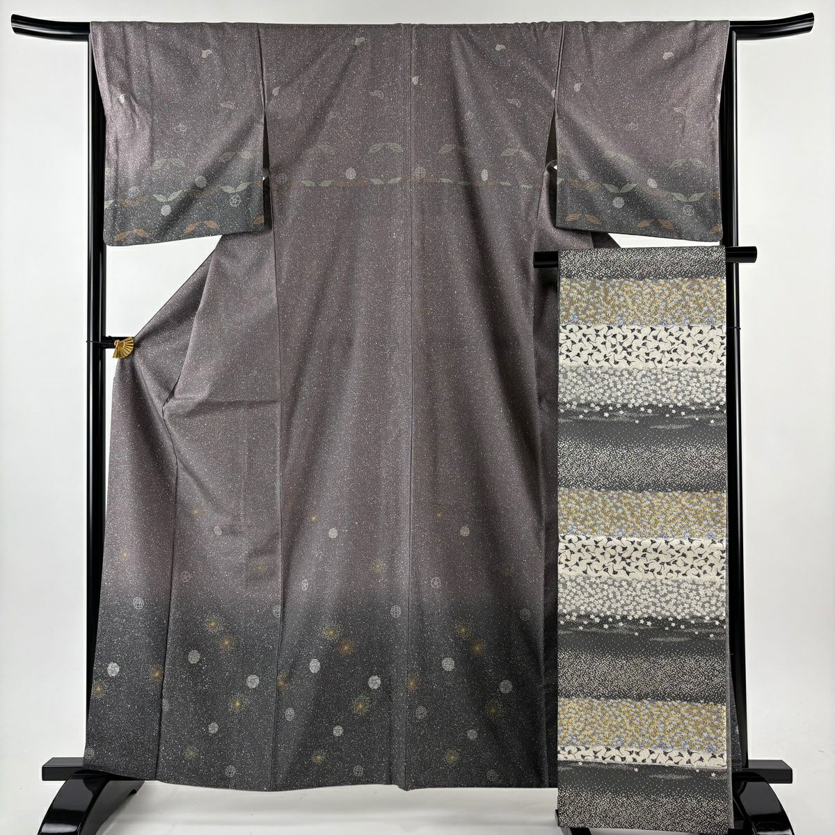【美品】 付下 身長163cm 袖長66cm M 雙層 袋帶套裝 花 金銀彩 漸層 紫 純蠶絲 優品級
