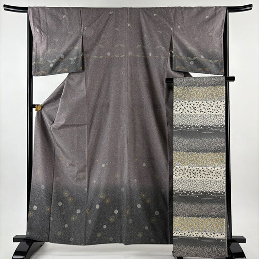 【美品】 付下 身長163cm 袖長66cm M 雙層 袋帶套裝 花 金銀彩 漸層 紫 純蠶絲 優品級