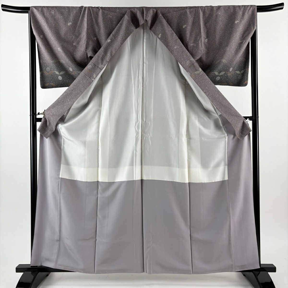 【美品】 付下 身長163cm 袖長66cm M 雙層 袋帶套裝 花 金銀彩 漸層 紫 純蠶絲 優品級