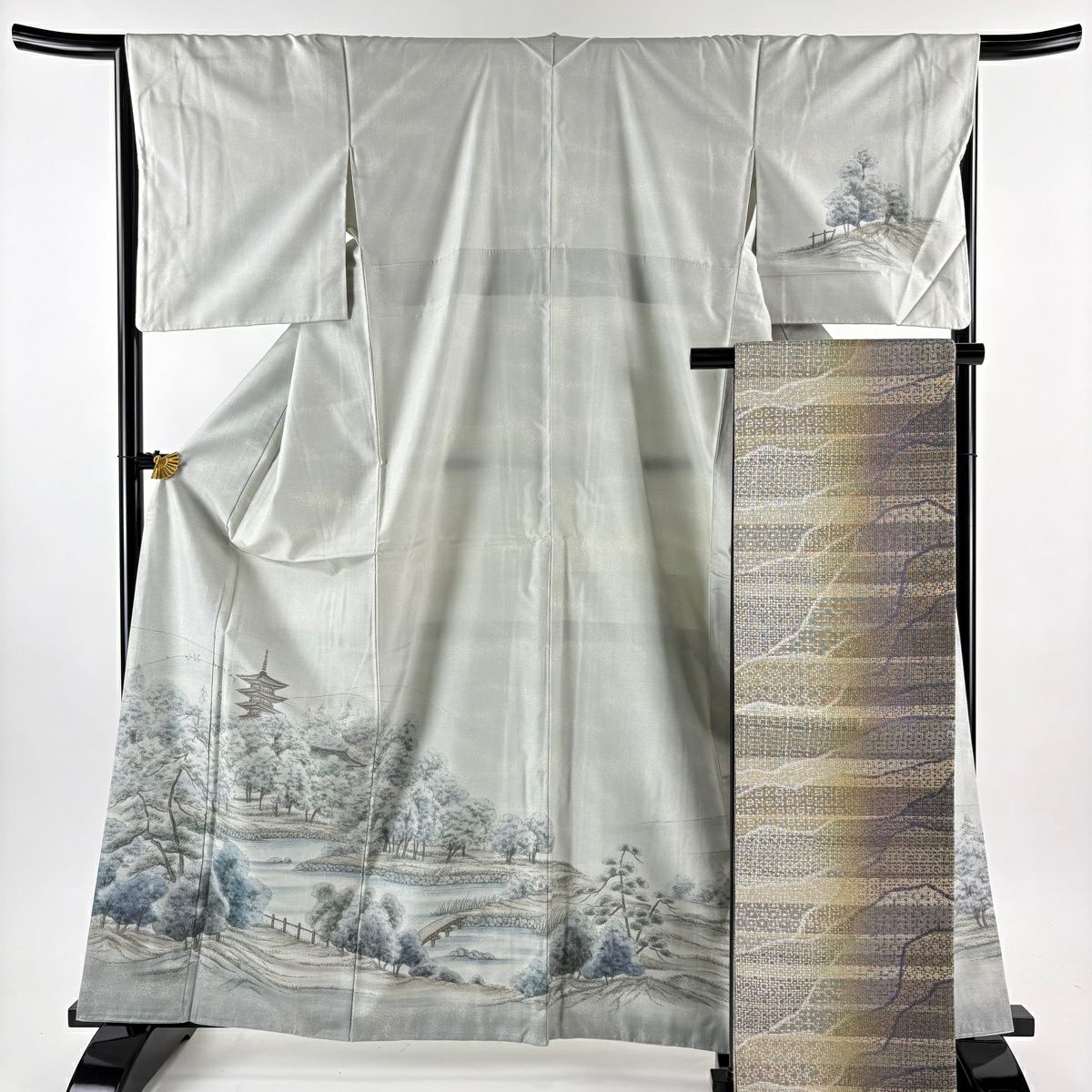 【美品】 付下 身長163cm 袖長66cm M 雙層 紬織織 袋帶套裝 落款あり 興福寺 水邊的風景 灰綠 純蠶絲 秀品級