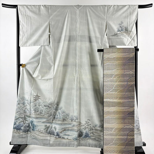 【美品】 付下 身長163cm 袖長66cm M 雙層 紬織織 袋帶套裝 落款あり 興福寺 水邊的風景 灰綠 純蠶絲 秀品級