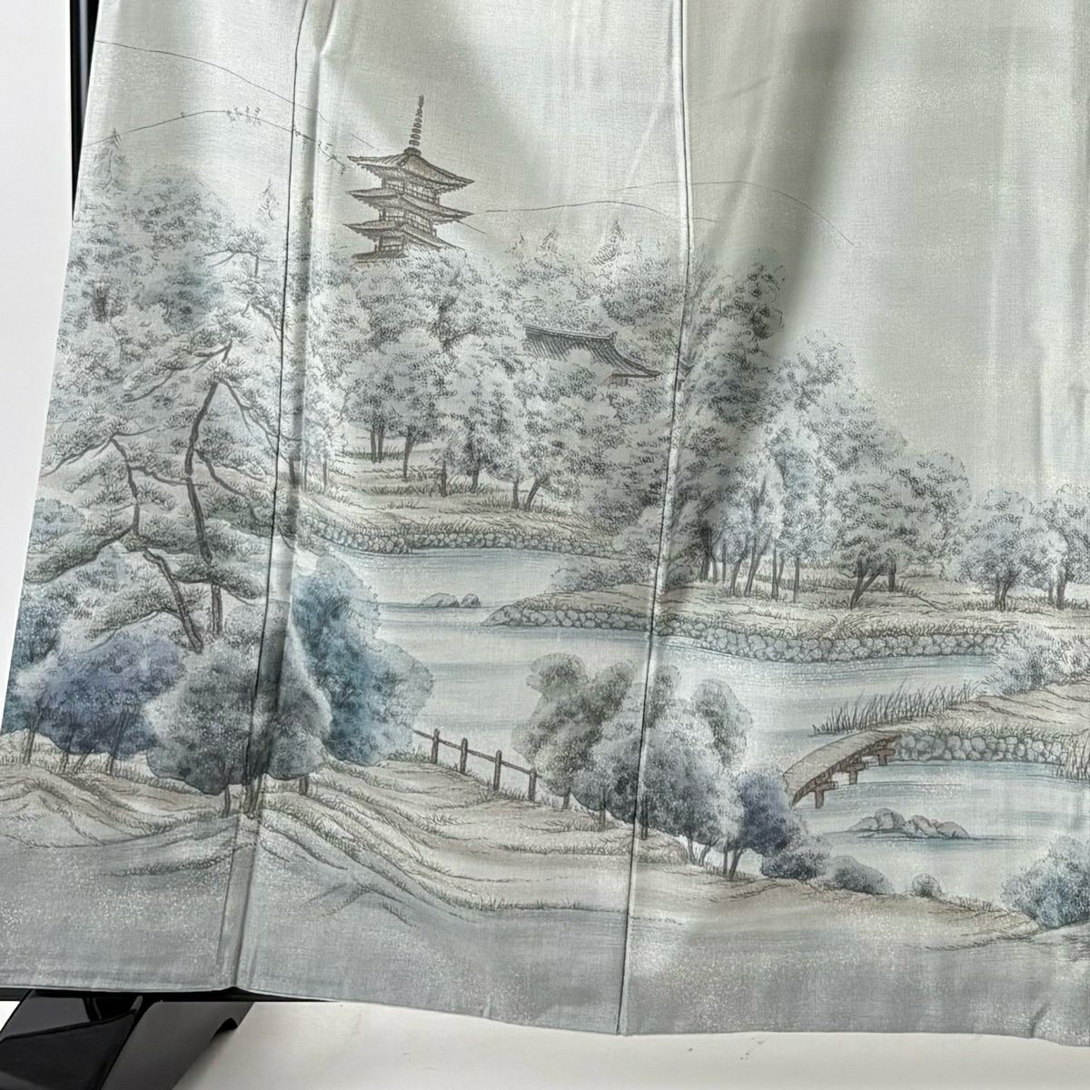 【美品】 付下 身長163cm 袖長66cm M 雙層 紬織織 袋帶套裝 落款あり 興福寺 水邊的風景 灰綠 純蠶絲 秀品級
