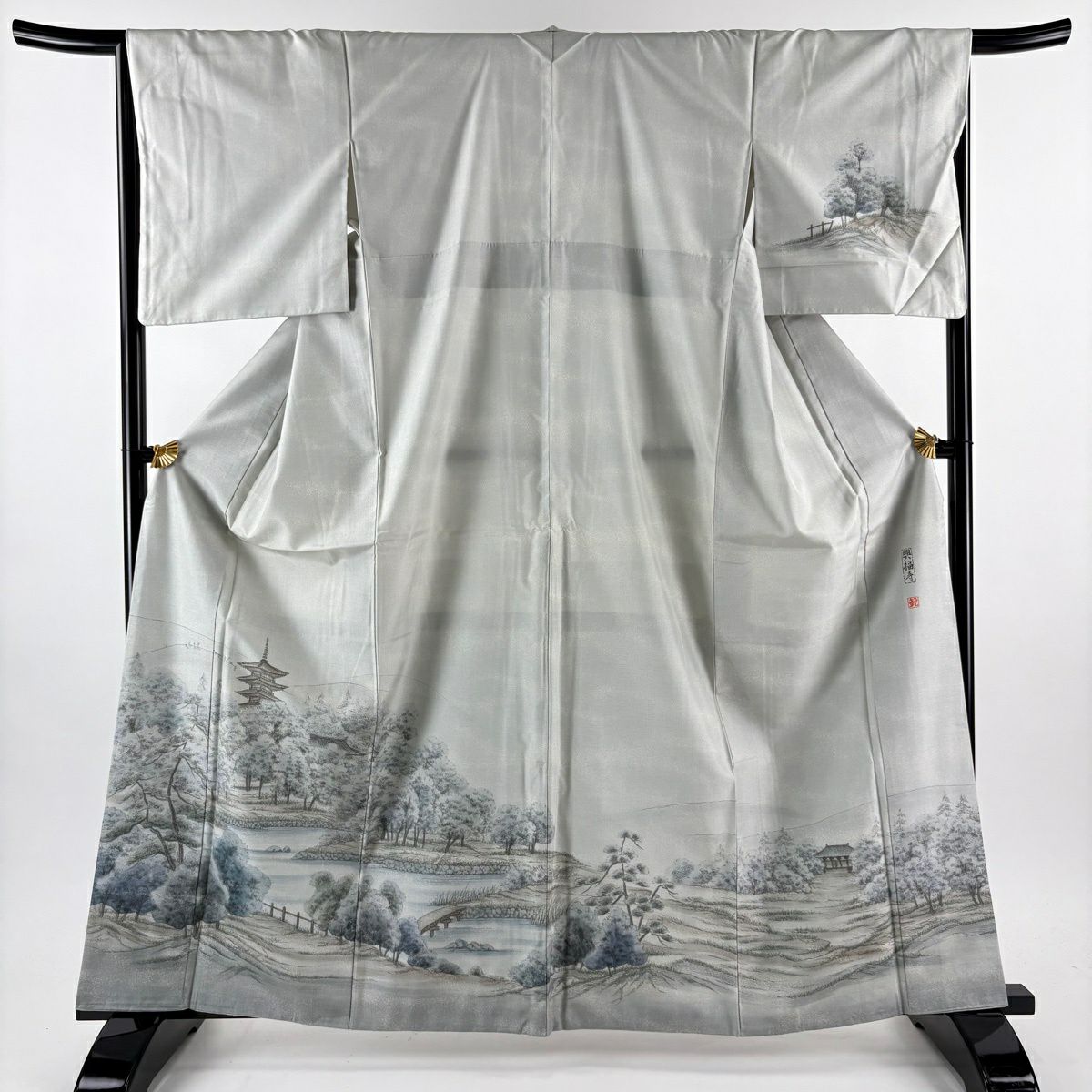 【美品】 付下 身長163cm 袖長66cm M 雙層 紬織織 袋帶套裝 落款あり 興福寺 水邊的風景 灰綠 純蠶絲 秀品級