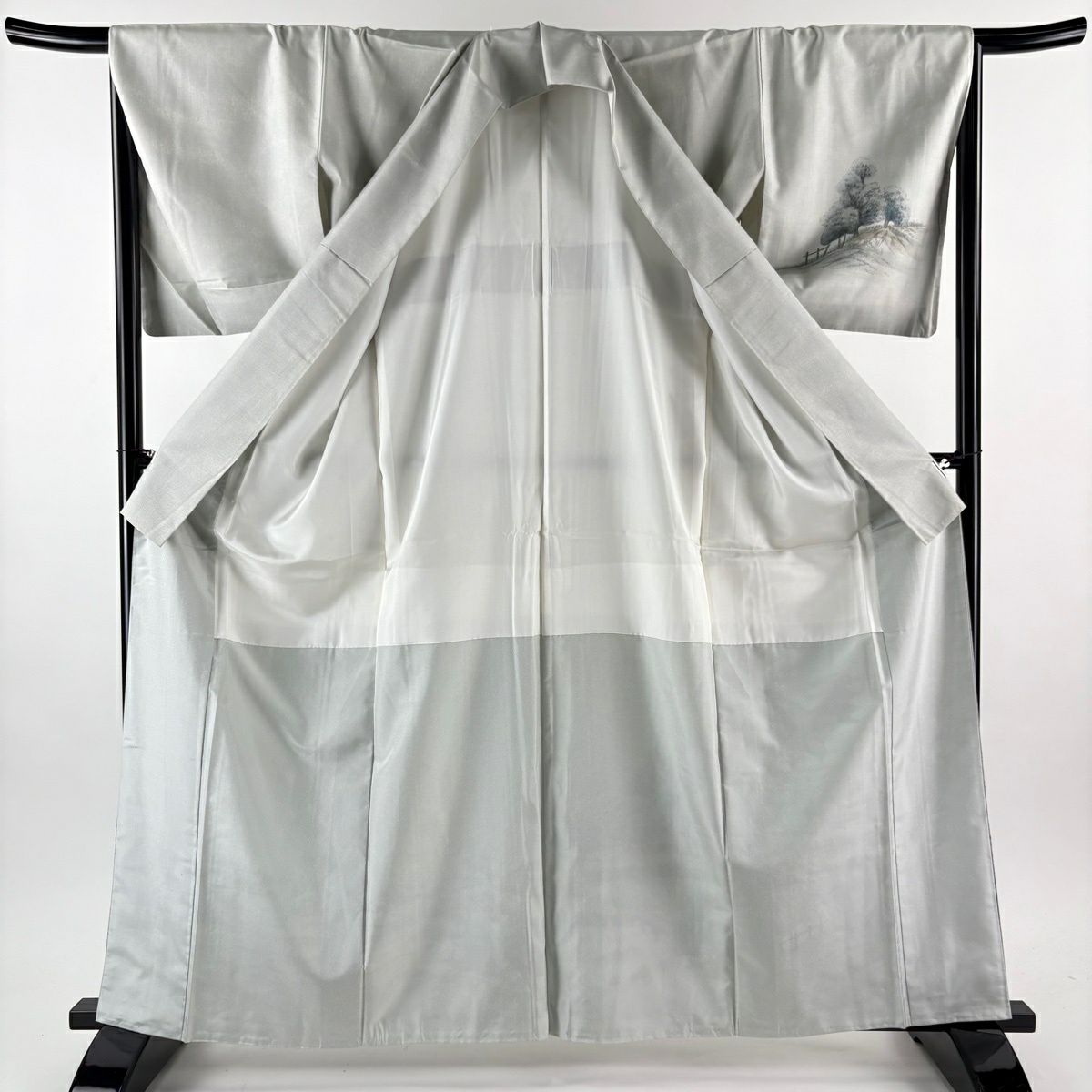 【美品】 付下 身長163cm 袖長66cm M 雙層 紬織織 袋帶套裝 落款あり 興福寺 水邊的風景 灰綠 純蠶絲 秀品級