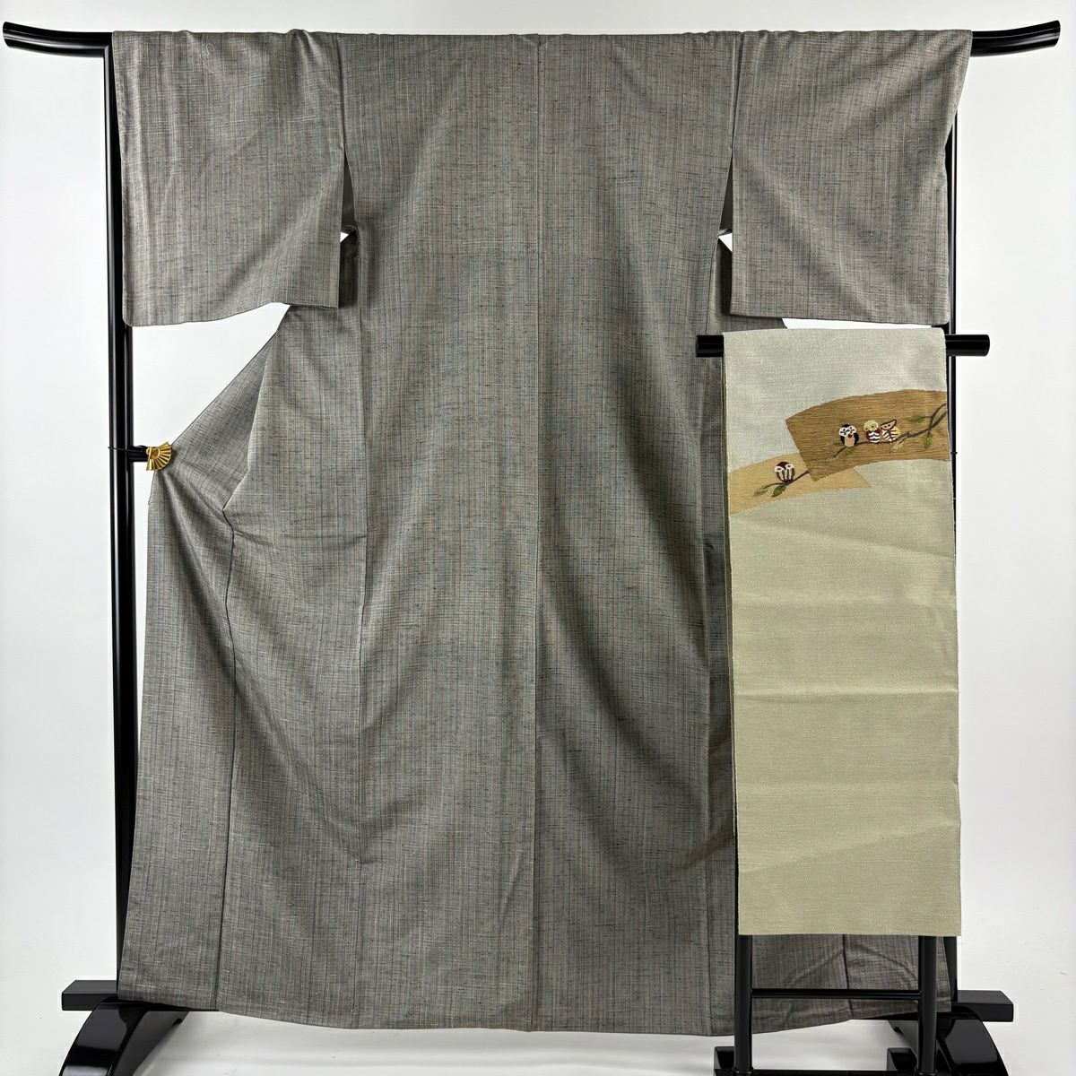 【美品】 紬織 身長163.5cm 袖長67.5cm L 雙層 蕨紬織 名古屋帶套裝 垂直條紋 灰色 純蠶絲 名品級