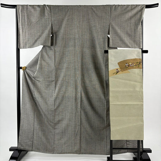 【美品】 紬織 身長163.5cm 袖長67.5cm L 雙層 蕨紬織 名古屋帶套裝 垂直條紋 灰色 純蠶絲 名品級