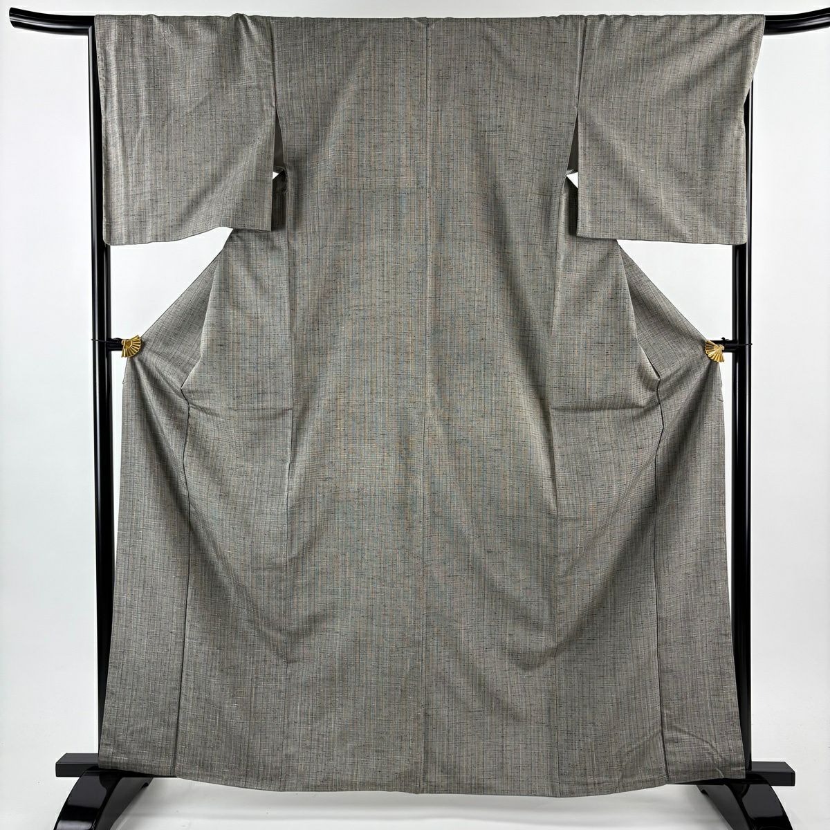 【美品】 紬織 身長163.5cm 袖長67.5cm L 雙層 蕨紬織 名古屋帶套裝 垂直條紋 灰色 純蠶絲 名品級