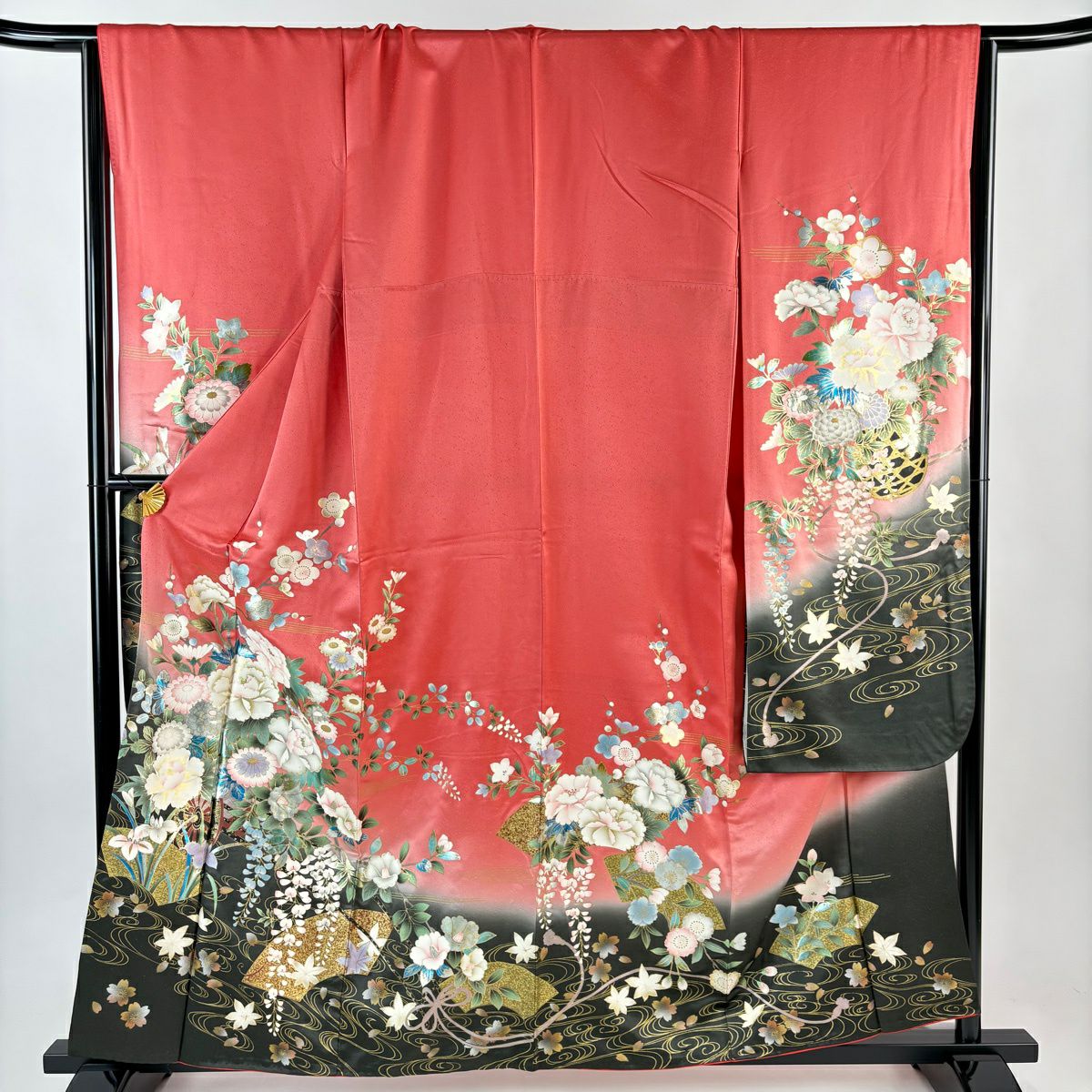 振袖禮服 身長160cm 袖長66.5cm M 雙層 花車 流水 金銀彩 染分け 鮭粉色 純蠶絲 秀品級