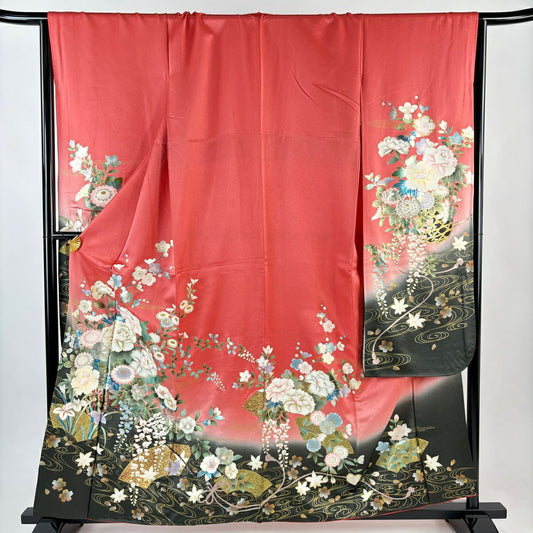 振袖禮服 身長160cm 袖長66.5cm M 雙層 花車 流水 金銀彩 染分け 鮭粉色 純蠶絲 秀品級