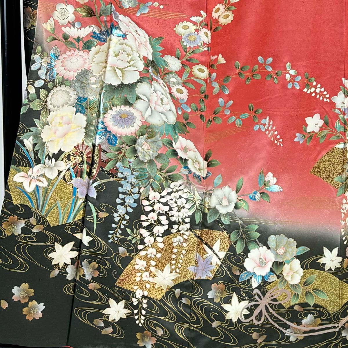 振袖禮服 身長160cm 袖長66.5cm M 雙層 花車 流水 金銀彩 染分け 鮭粉色 純蠶絲 秀品級