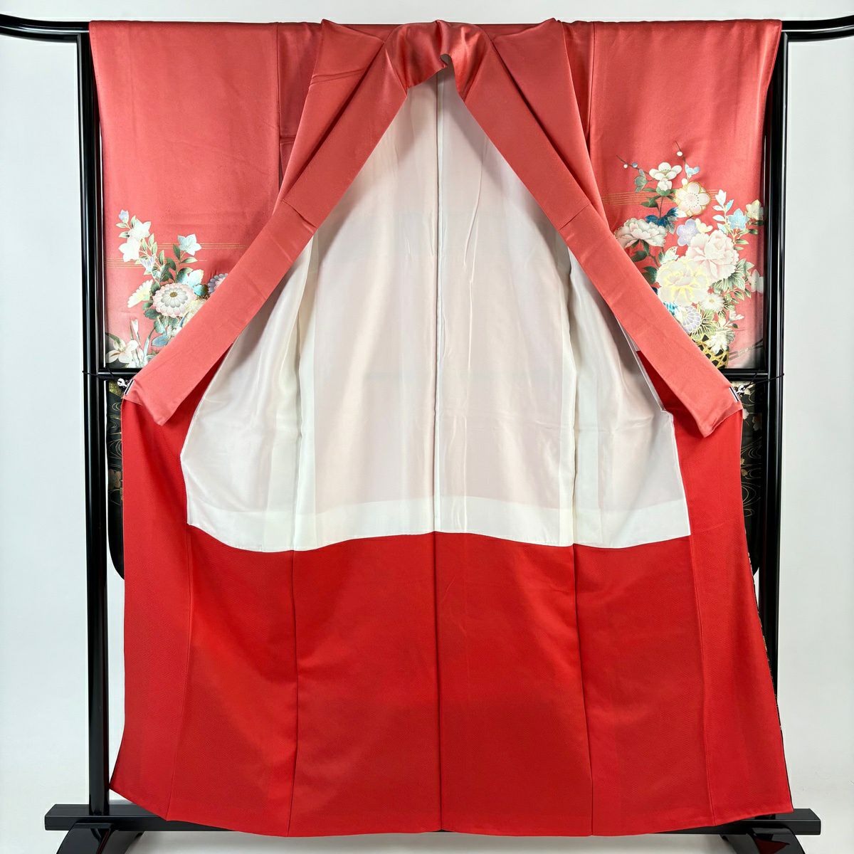 振袖禮服 身長160cm 袖長66.5cm M 雙層 花車 流水 金銀彩 染分け 鮭粉色 純蠶絲 秀品級