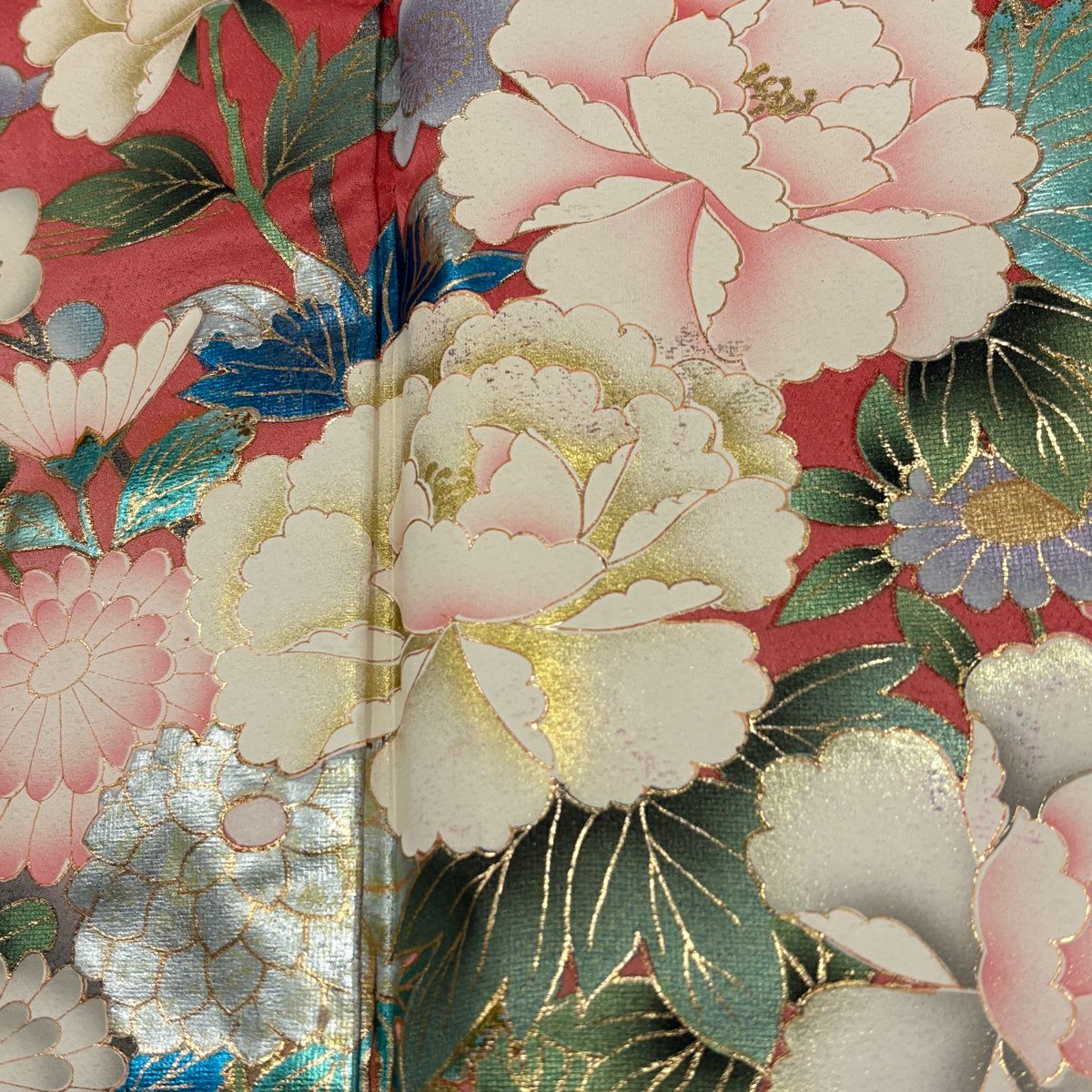 振袖禮服 身長160cm 袖長66.5cm M 雙層 花車 流水 金銀彩 染分け 鮭粉色 純蠶絲 秀品級