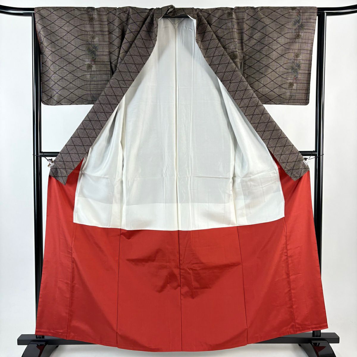 【美品】 紬織 身長162.5cm 袖長65.5cm M 雙層 葡萄 菱 焦茶 純蠶絲 秀品級