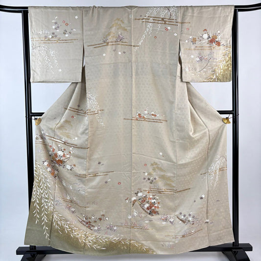 訪問服 身長160.5cm 袖長65cm M 雙層 花舟 ヱ霞 金絲 金銀彩 米色 純蠶絲 秀品級 一つ紋