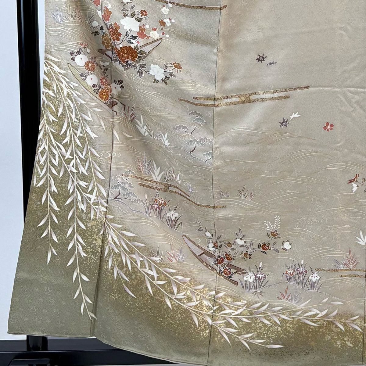 訪問服 身長160.5cm 袖長65cm M 雙層 花舟 ヱ霞 金絲 金銀彩 米色 純蠶絲 秀品級 一つ紋