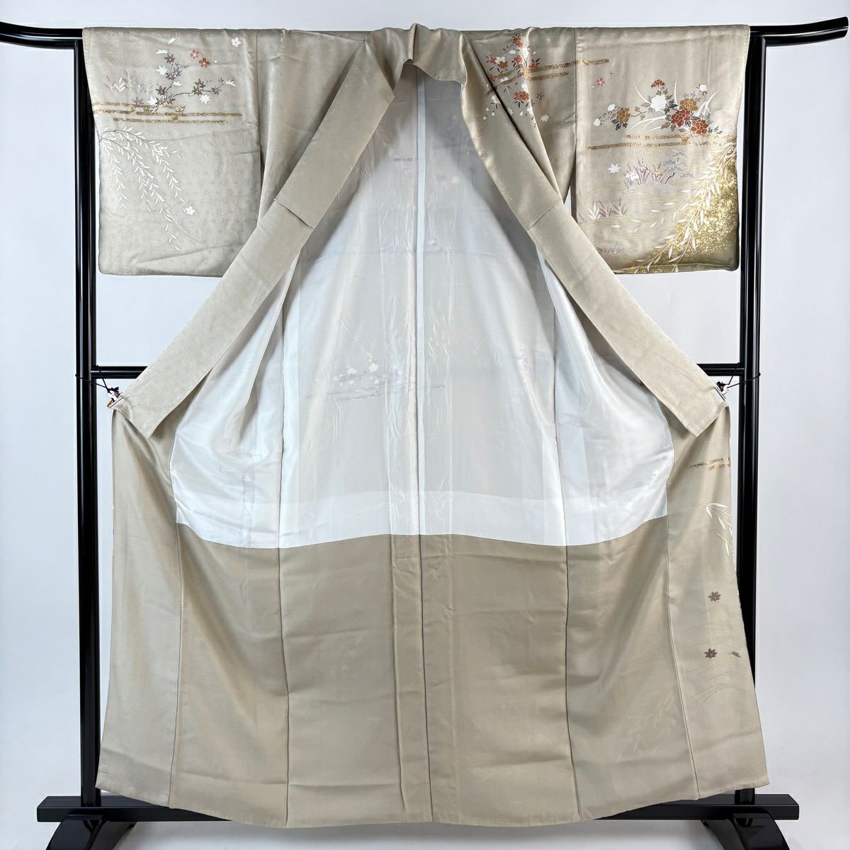 訪問服 身長160.5cm 袖長65cm M 雙層 花舟 ヱ霞 金絲 金銀彩 米色 純蠶絲 秀品級 一つ紋