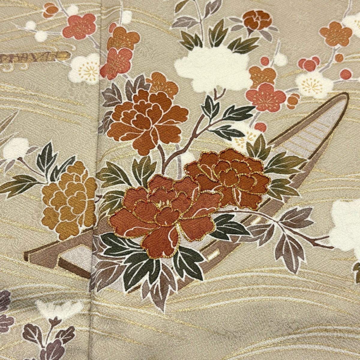 訪問服 身長160.5cm 袖長65cm M 雙層 花舟 ヱ霞 金絲 金銀彩 米色 純蠶絲 秀品級 一つ紋
