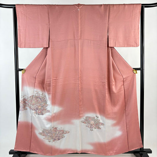 色留袖禮服 身長158.5cm 袖長65.5cm M 雙層 扇子面 草花紋紋 刺繡 漸層 粉紅 純蠶絲 秀品級 一つ紋