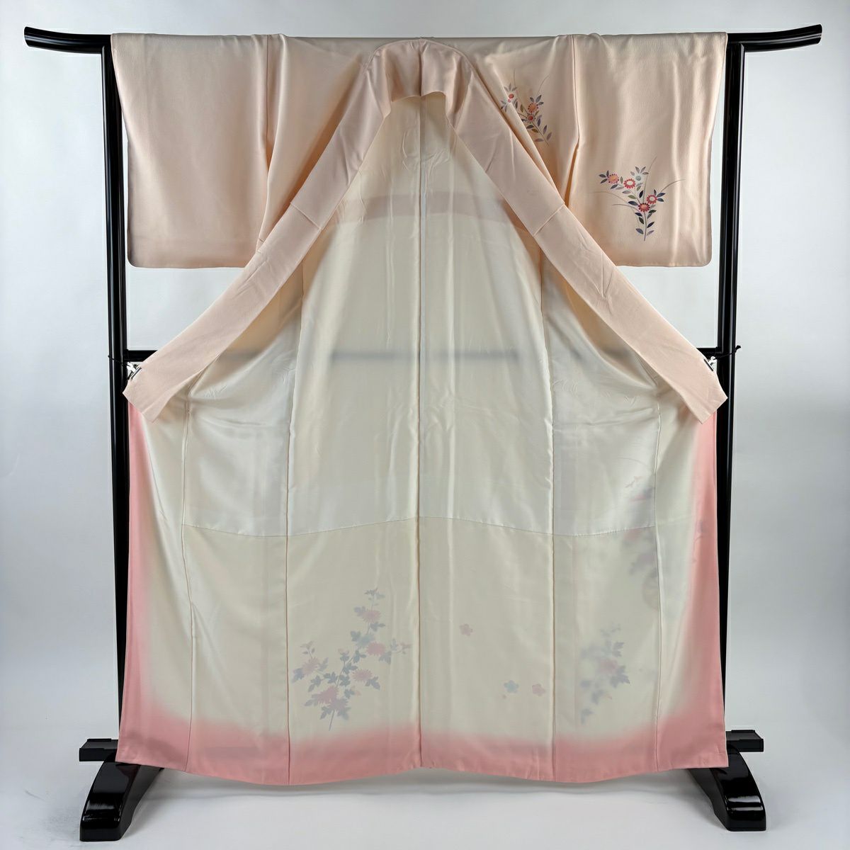付下 身長165.5cm 袖長65cm M 雙層 落款 花車 漸層 淺橙 純蠶絲 優品級