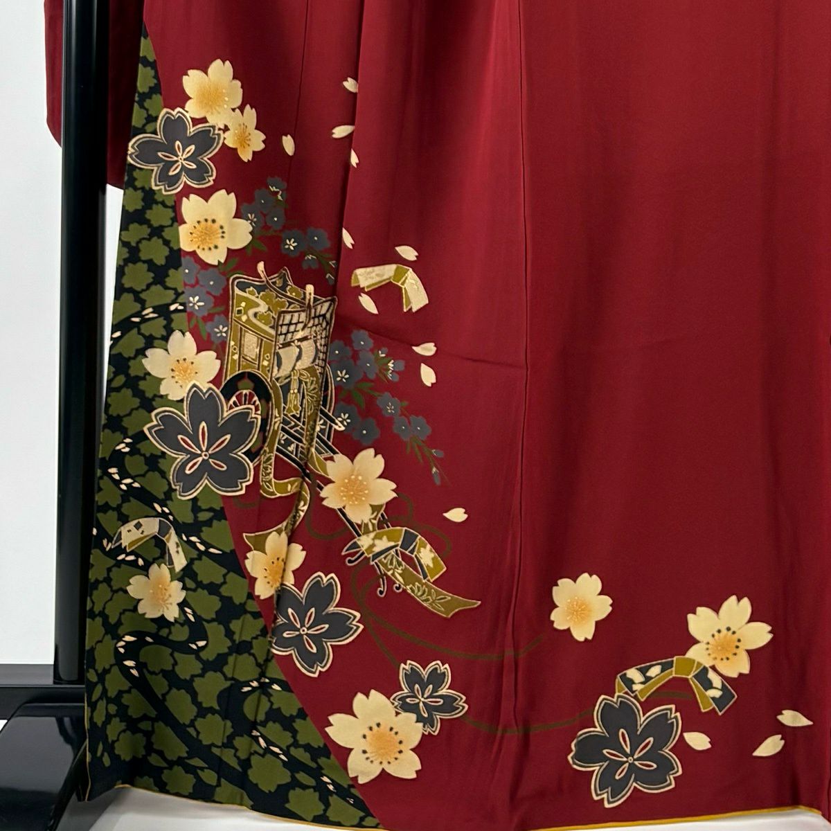 振袖禮服 身長165cm 袖長69cm L 雙層 御所車 櫻花 金銀彩 紅 純蠶絲 秀品級