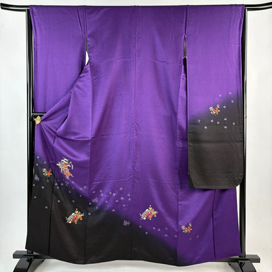 振袖禮服 身長161.5cm 袖長65cm M 雙層 扇子 草花紋紋 金糸刺繡 紫 純蠶絲 秀品級